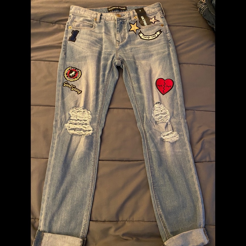 EXPRESS GIRLFRIEND FIT PATCHWORK DENIM JEANS